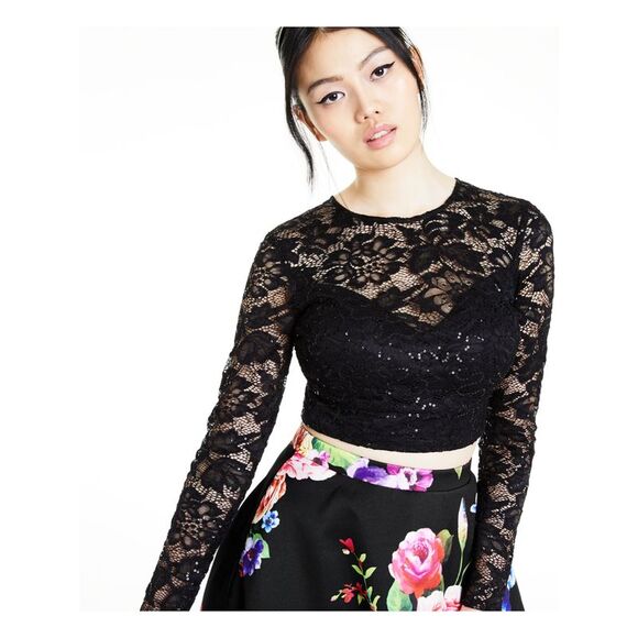 NWT B DARLIN Womens Black Floral A-Line Formal Skirt Size: 7\8 - Picture 3 of 5